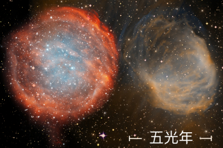 此圖顯示了其中兩個最大型的「行星狀星雲」。這兩個星雲的距離根據作者剛發表的距離尺度推算,並以相同比例顯示。圖中比例尺長度為五光年。以往的距離尺度經常低估了這類歷史久遠的「行星狀星雲」的距離和體積。圖片來源:NOAO/AURA/NSF。編輯:香港大學物理系。