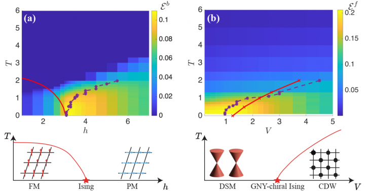 Figure 3. Logarithmic negativity as a measurement of quantum entanglement for adjacent sites in (a) 2d transverse-field Ising model and (b) 2d fermion t-V model. The bottom panel illustrates the schematic phase diagrams.
