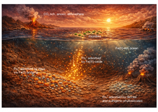 Illustration of Fe(II)-enhanced phosphate adsorption onto phyllosilicates in Archean iron-rich oceans, a process that may have limited marine productivity and delayed atmospheric oxygenation.